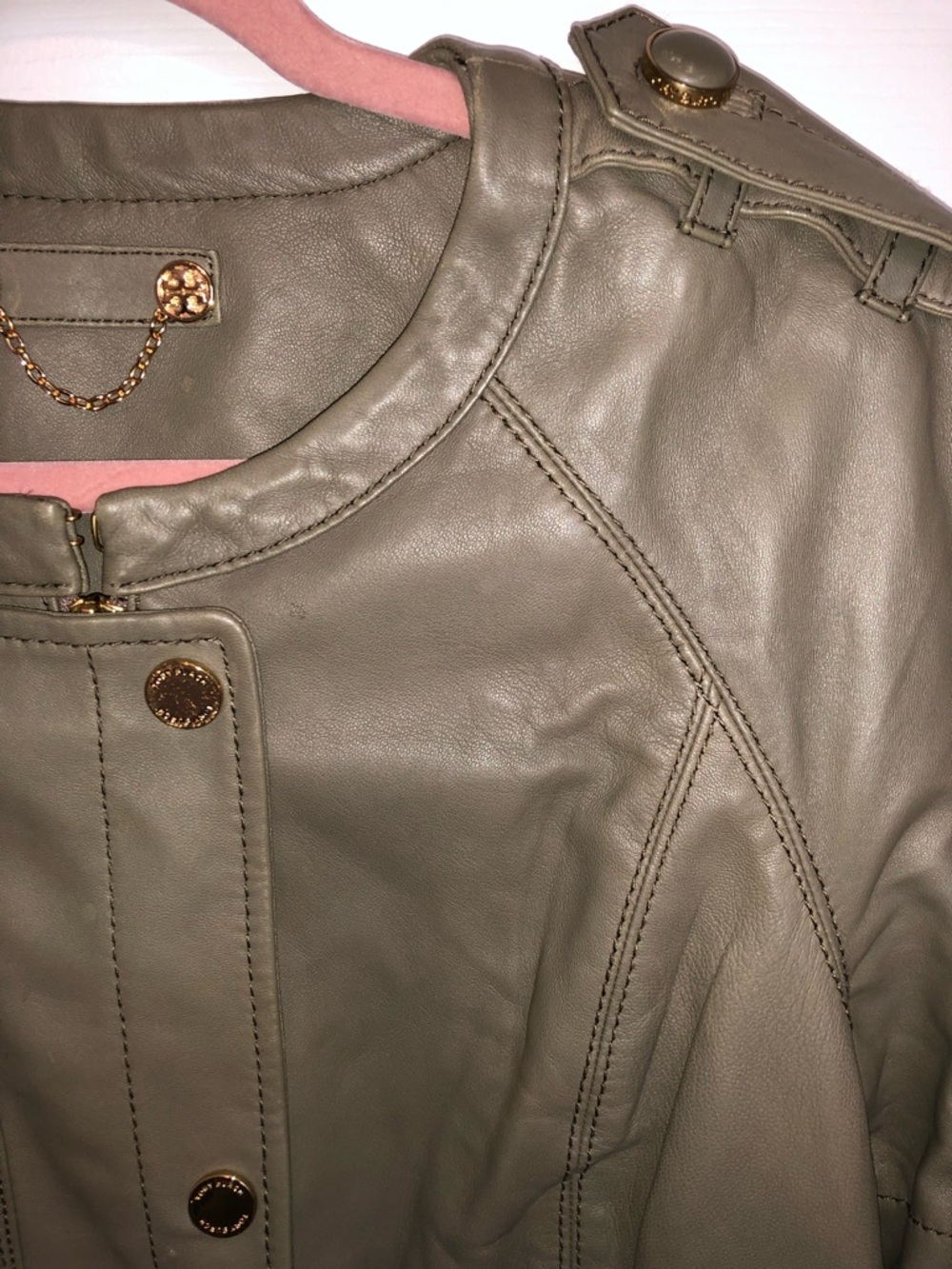 Tory Burch Olive Green Mixed-Media Leather Jacket with Knit Trim - Picture 3 of 8